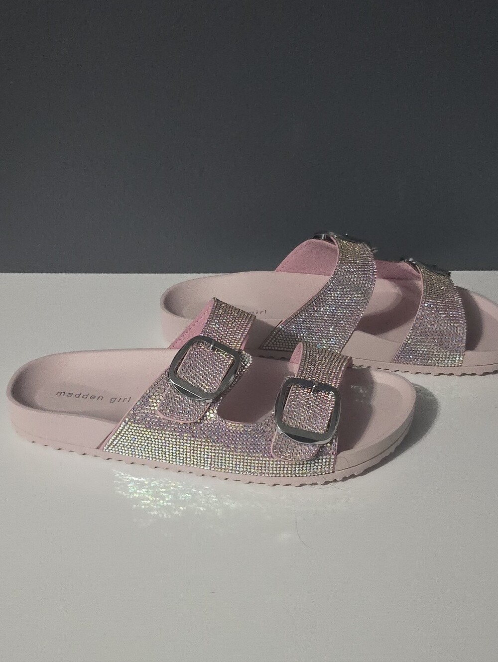 Madden Girl Teddy Slide sandals in a sparkly blush multi rhinestone